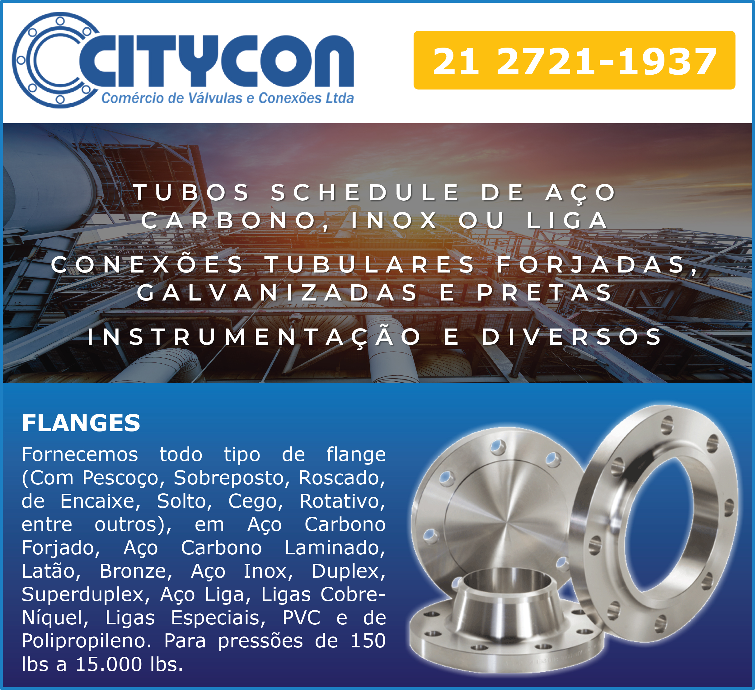 Flanges em todas as medidas entre pressões de 150Lbs a 15.000 Lbs